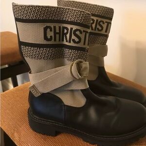 Dior Black Leather & Beige Knit Logo Ankle Boots authentic 100